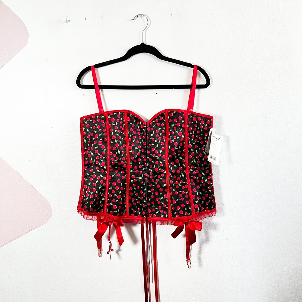 Dreamgirl Corset Size 40 Black Red Cherry Print Lace Up NWT